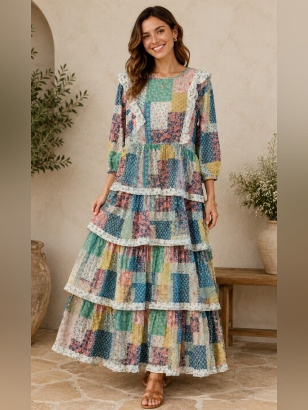 Simply Southern Hailey Patchwork Maxi Dress Cottagecore Ruffle Tier Floral XL